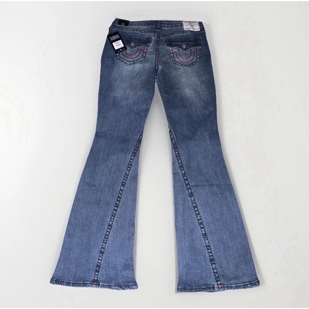 True Religion Jeans Womens Size 29 Blue Joey Mid Rise Flare Flap Pockets Stretch